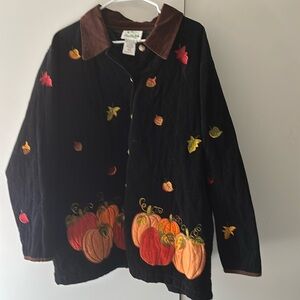 The Quacker Factory black corduroy fall jacket with pumpkin design